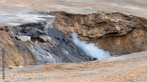 White steam rising from a deep rocky geothermal vent in Iceland