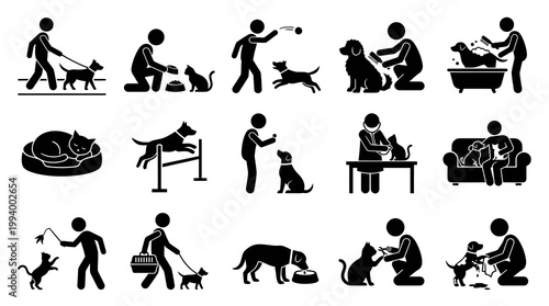 Pet Care Services Glyph Icons Set - Dog and Cat Ownership Activities in Black  White