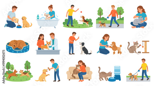 Pet Care Flat Illustration Set: Happy Owners with Dogs and Cats, Grooming, Feeding, Walking, Vet Visits