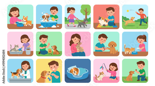 Flat Vector Illustration Set of People Caring for Dogs and Cats - Pet Care Activities and Veterinary