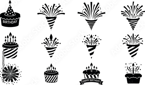 Vibrant set of celebration poppers and confetti bursts in minimalist flat design, ideal for party invitations, event promotions, and festive marketing materials.