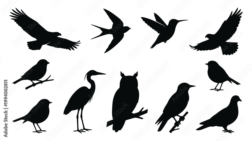 Fototapeta premium Black silhouette vector illustrations of diverse birds in flight and perched