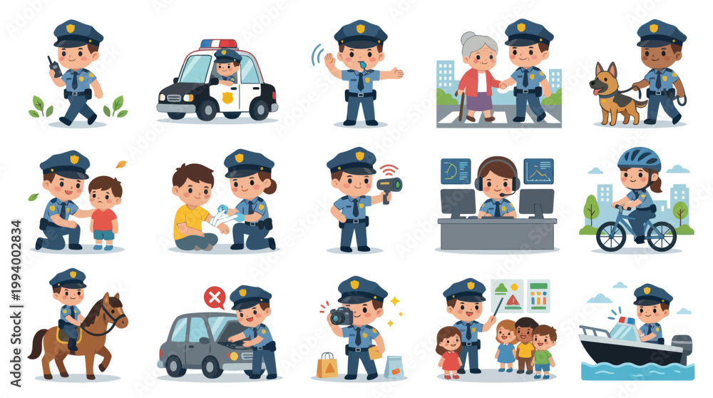 Fototapeta premium Police Officers Helping People and Working Safely in City - Flat Vector Art