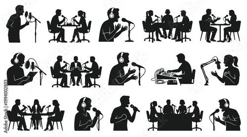 Black Silhouette Icons of People Recording Podcasts and Broadcasting