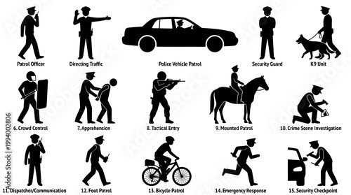 Law Enforcement Police Officer and Security Guard Job Roles Activities Black White Flat Glyphs Icons Set