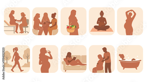 Pregnancy Lifestyle Icons: Healthcare, Yoga, Bath, Food, Family