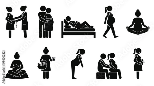 Pregnant Woman Icon Set: Medical, Yoga, Family, Rest, Wellness