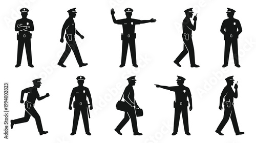 Police Officer Silhouettes Set. Law Enforcement Glyphs in Various Poses