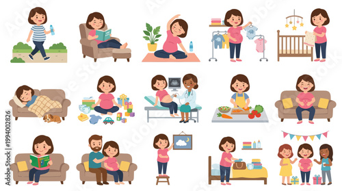 Pregnant Woman Daily Life Activities Flat Vector Illustration Set