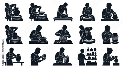 Pottery Making Process Silhouette Vector Set - Ceramic Craft, Potter at Wheel, Vases