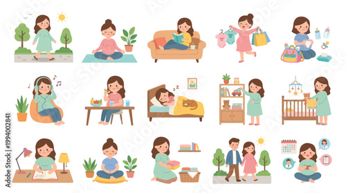 Pregnant Woman Lifestyle Vector Illustrations: Daily Life, Shopping, Baby Prep