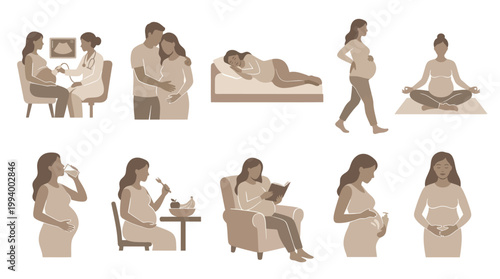 Pregnant Women Healthcare and Lifestyle Flat Vector Illustrations Set
