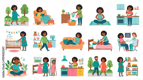 African American Pregnant Woman Daily Life  Maternity Journey - Flat Vector Illustration Set