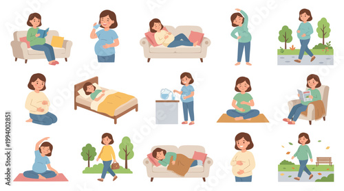 Pregnant Women Illustrations: Daily Life, Health, Relaxation, Pregnancy, Vector Art