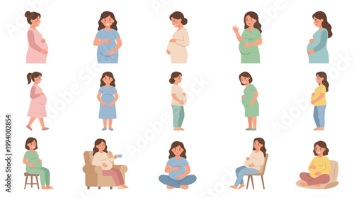 Pregnancy Illustrations: Diverse Women Poses, Flat Design Vector Art