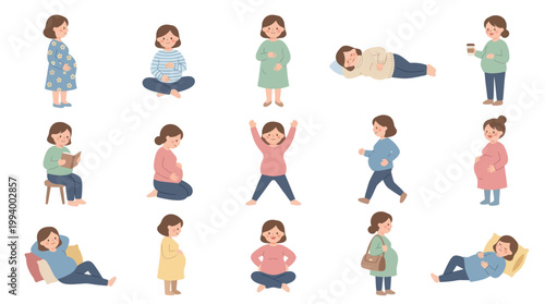 Pregnant Women Poses - Flat Design Vector Illustration for Maternity