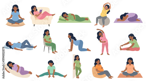 Pregnant Woman Doing Yoga and Exercise, Vector Flat Illustration