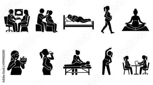 Pregnancy Icons: Medical Checkup, Rest, Nutrition, Exercise, Yoga, Massage, Doctor Visit