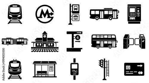 Public Transportation Black White Glyph Icons Set - Urban Transit and Commuting Symbols