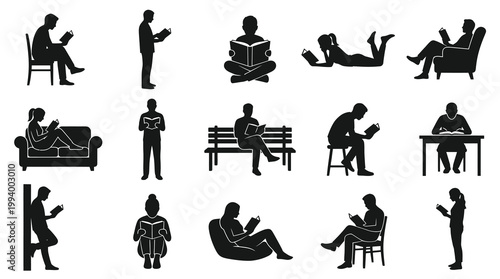 Black and white silhouettes of people reading books in various poses and locations