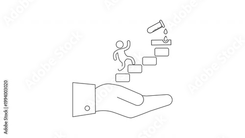 Hand holding steps leading to success with person climbing.