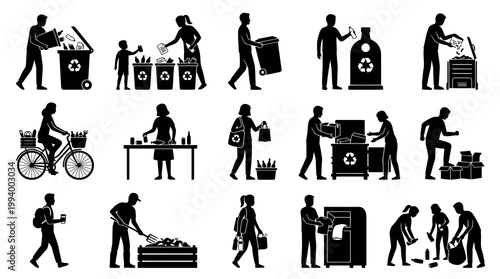 Recycling and sustainability, people disposing of waste in bins, flat glyphs