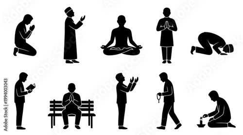 Black and White Silhouettes of Diverse People in Prayer and Meditation Poses