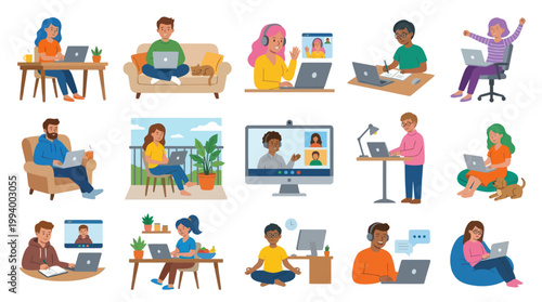 Diverse people using laptops for remote work and online learning, flat illustration style