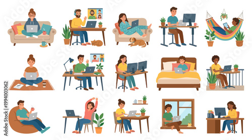 Flat illustration of people working remotely from home on laptops