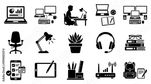 Black and White Icons for Remote Work and Home Office Setup