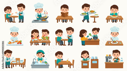 Cute Cartoon Restaurant Characters Set: Chefs, Waiters, and Customers Flat Illustration