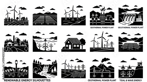 Renewable Energy Silhouettes Icons Collection: Wind, Solar, Hydro, Geothermal, Tidal Power