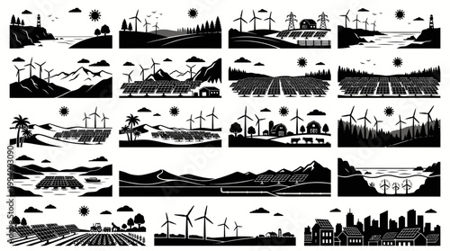 Renewable Energy Silhouette Icons: Solar Panels  Wind Turbines Landscapes Set