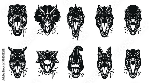 Prehistoric Aggressive Roaring Dinosaur Heads Vector Icons Set - Black and White Glyphs