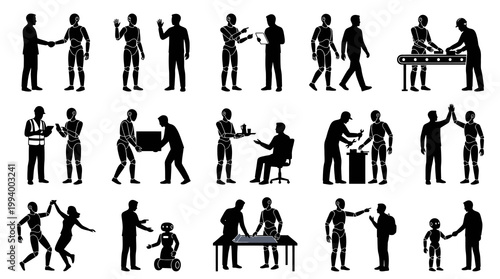 Human and Robot Interaction Glyphs. AI, Robotics, and Future Technology Silhouettes.