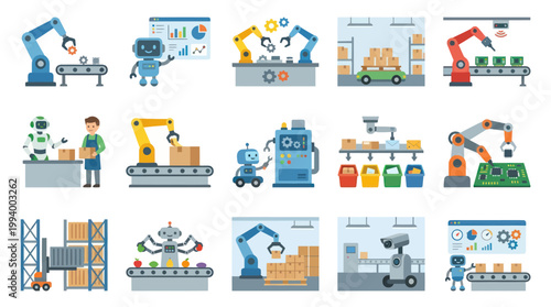 Industrial Automation Robotics Flat Design Vector Illustrations Set