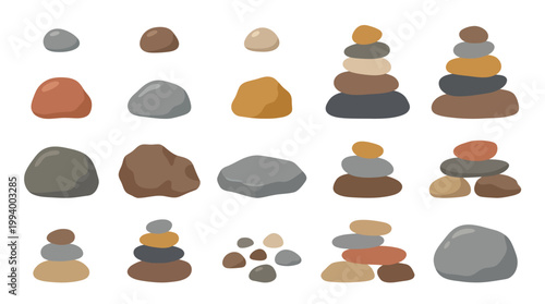Nature Rocks Collection: Flat Vector Stones, Pebbles, and Zen Balance Stacks
