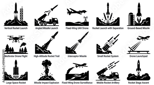 Defense  Space Technology: Rocket, Missile, Drone Launch Silhouette Icons Set