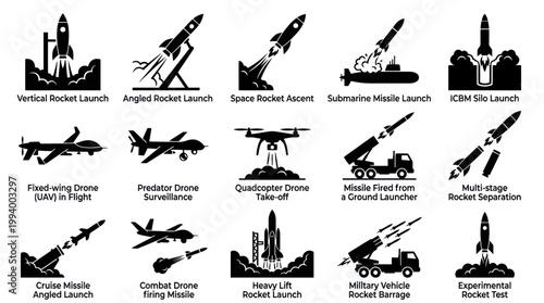 Military Aerospace Rocket Missile Drone Launch Flight Black White Glyph Icons