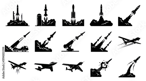 Black  White Rocket Launch Icons - Military Missile  Aircraft Vector Set