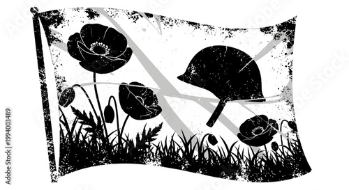 Remembrance Day flag graphic with poppies and military helmet.