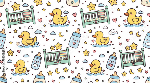 Cute Baby Pattern: Rubber Ducks, Cribs, Bottles, Stars, Moon