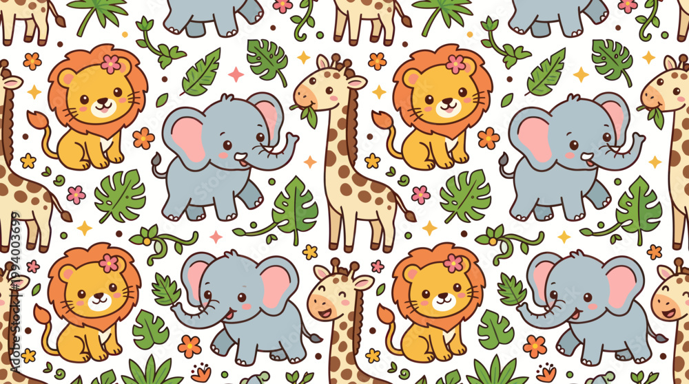 Obraz premium Cute Cartoon Safari Animals Seamless Pattern - Elephant, Lion, Giraffe Vector Kids Illustration