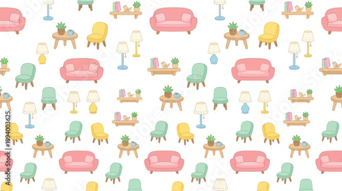 Cute Cartoon Flat Furniture Seamless Pattern for Home Decor and Interior Design