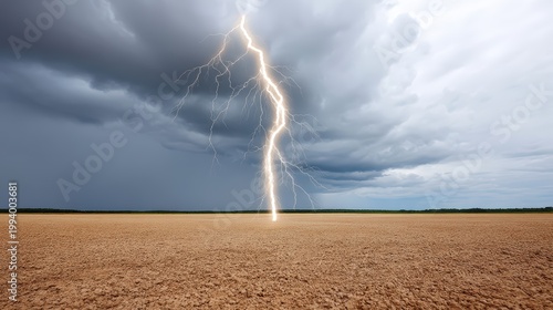 Powerful lightning bolt striking dry barren ground under storm clouds
