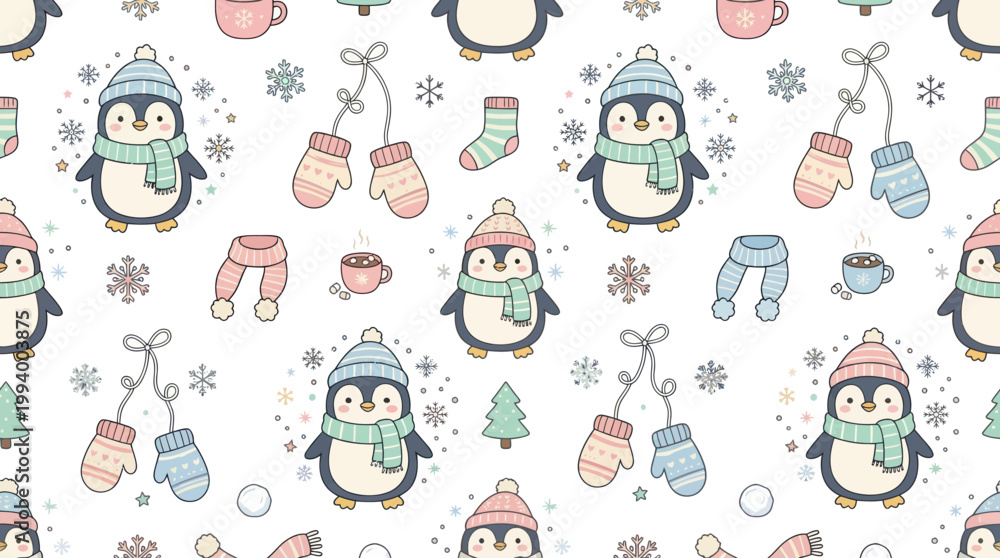 Fototapeta premium Cute Penguin Pattern, Winter Holiday, Flat Vector Art