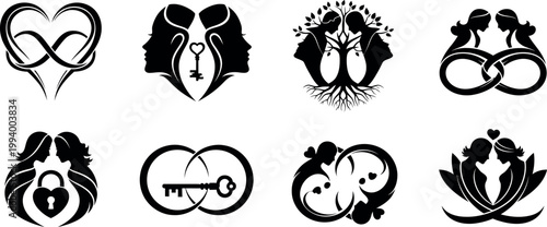 elegant floral and heart intertwined love symbols set vector illustration