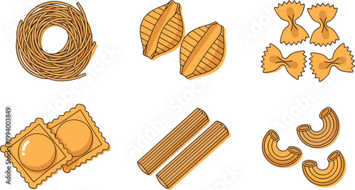 Set of various pasta types isolated on white background Italian food illustration
