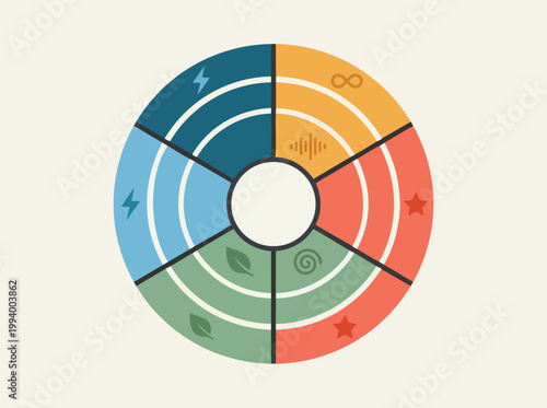 Flat vector illustration representing neurodiversity awareness, featuring a circular infographic with icons for different aspects of human cognition and a concept of infinity