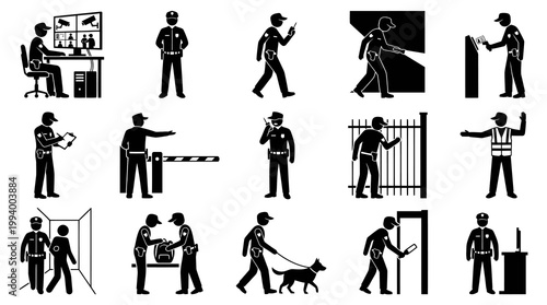 Security Guards Icon Set Black White Glyph Style